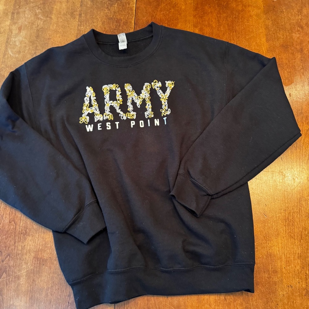 West Point Sweatshirt Women Med Black Army Floral Embroidered Handmade Crewneck